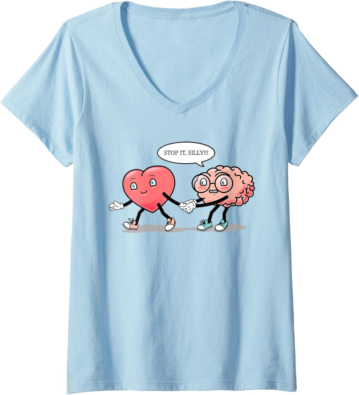 Women's Heart vs Brain Heart Leading Brain Valentines V-Neck T-Shirt - Baby Blue