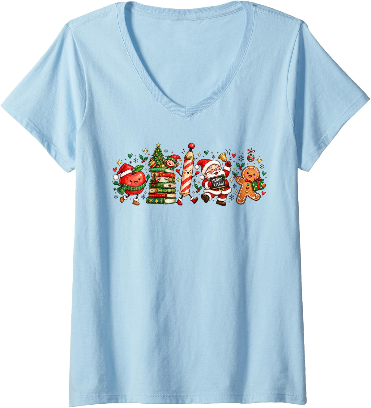 Women's Teacher Christmas Santa Gingerbread Books Cute Xmas Holiday V-Neck T-Shirt - Baby Blue