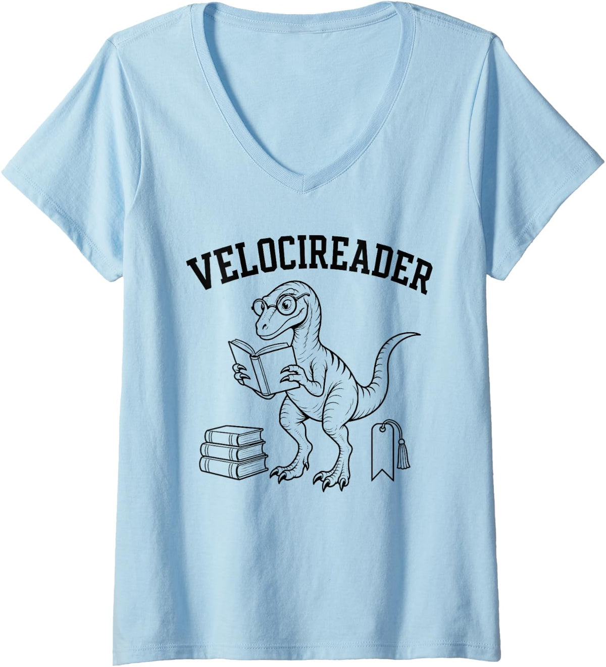Women's Velocireader Dinosaur Reading Book Lover Teacher V-Neck T-Shirt - Baby Blue