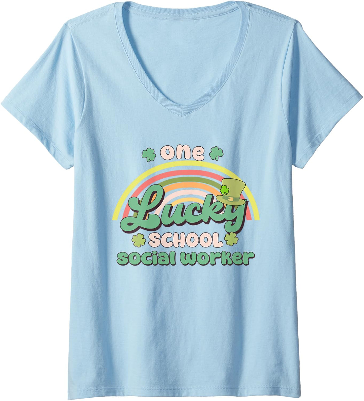 Women's One Lucky School Social Worker St Patricks Day Groovy V-Neck T-Shirt - Baby Blue