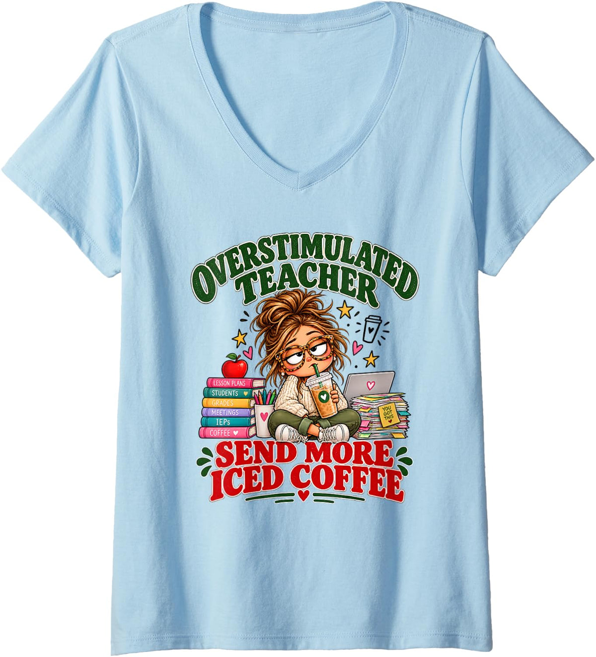 Women's Overstimulated Teacher Send More Iced Coffee Grades Lessons V-Neck T-Shirt - Baby Blue