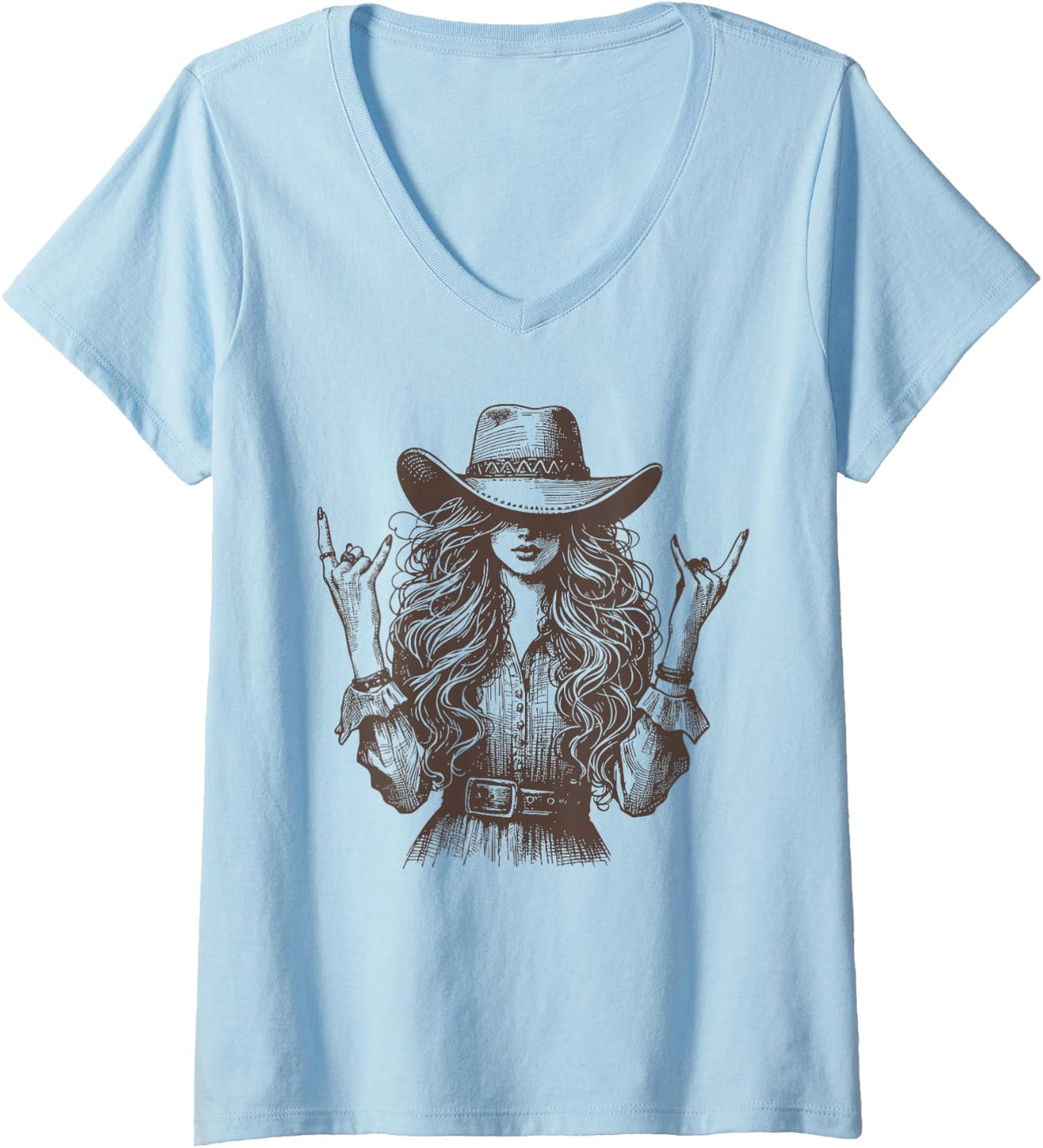 Women's Vintage Girl Western Rocker Graphic Rodeo Women Girls V-Neck T-Shirt - Baby Blue