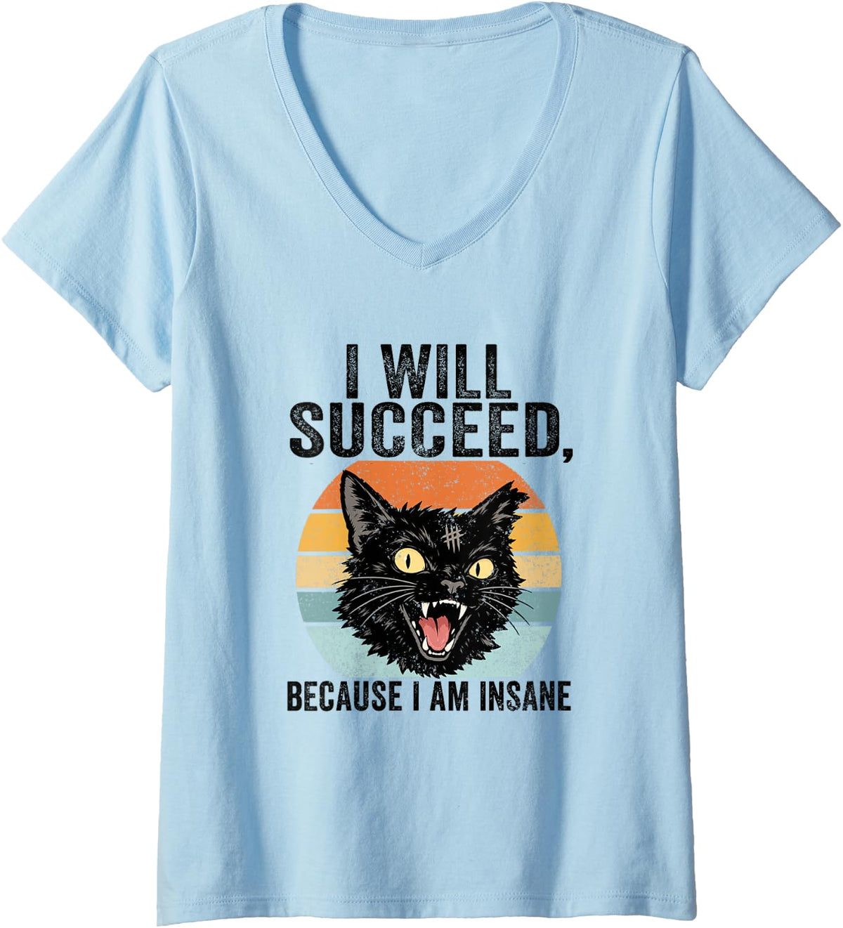 Women's I Will Succeed Because I Am Insane Funny Black Cat Meme V-Neck T-Shirt - Baby Blue