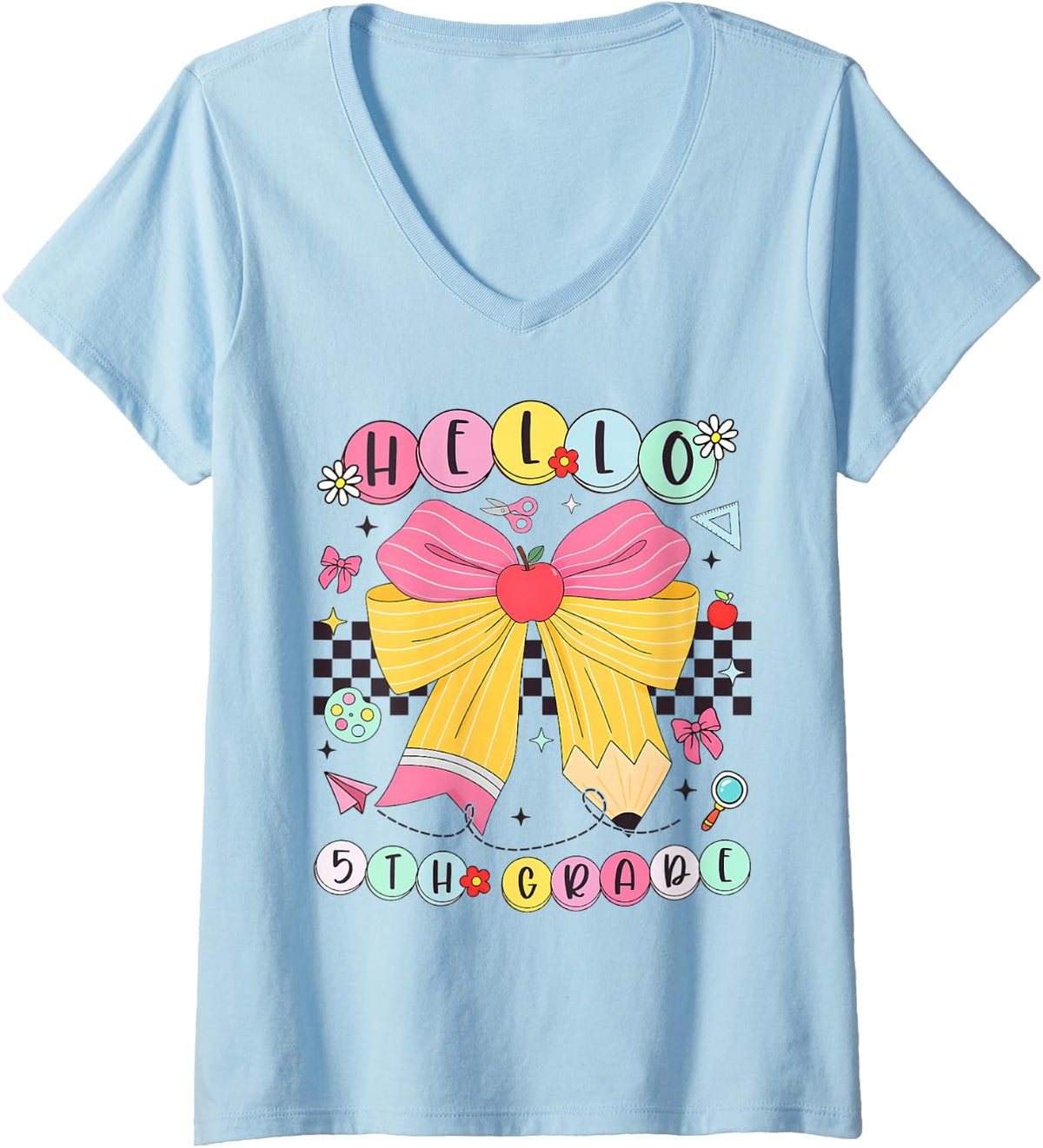 Women's Back to School Fifth Grade Coquette Pencil Bow Girl Teacher V-Neck T-Shirt - Baby Blue