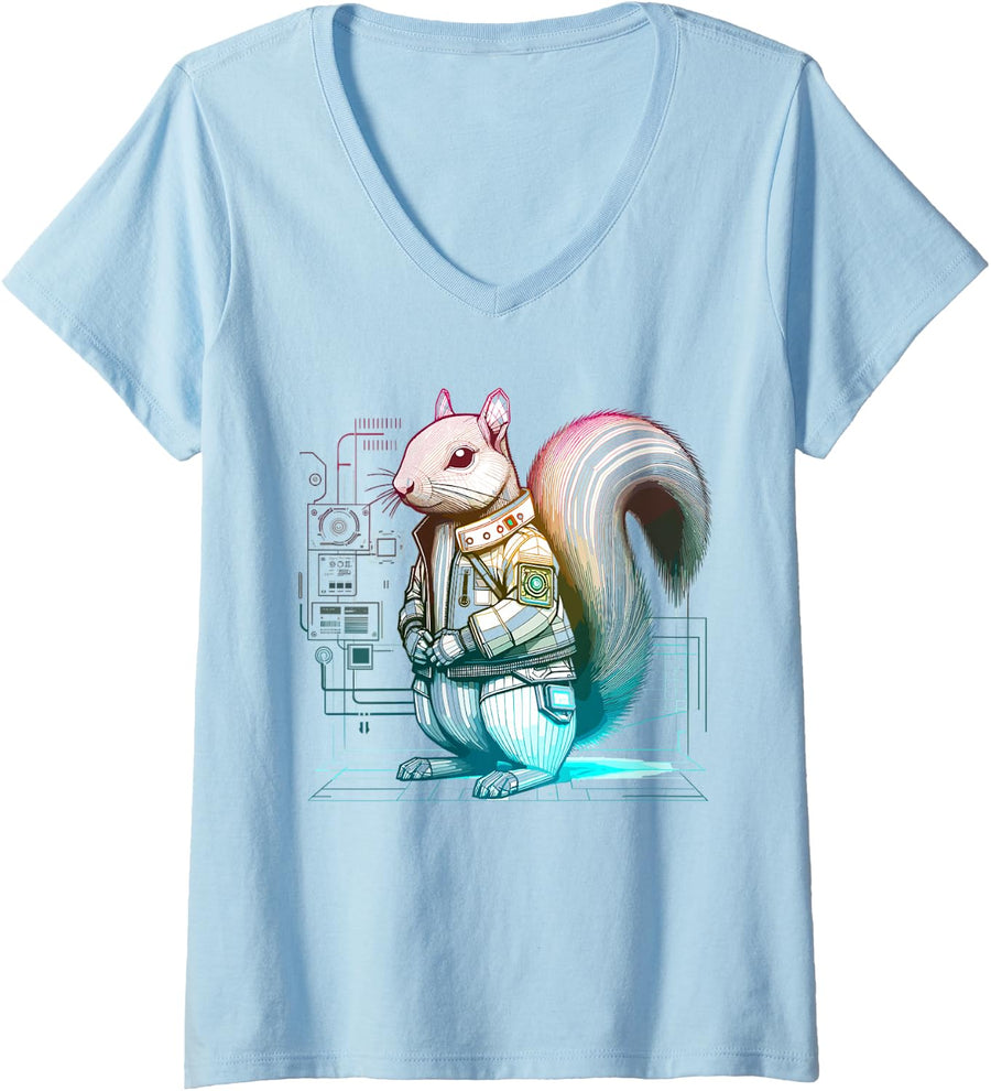 Women's Synthwave Cyberpunk Squirrel Lover Shirt Futuristic Squirrel V-Neck T-Shirt - Baby Blue