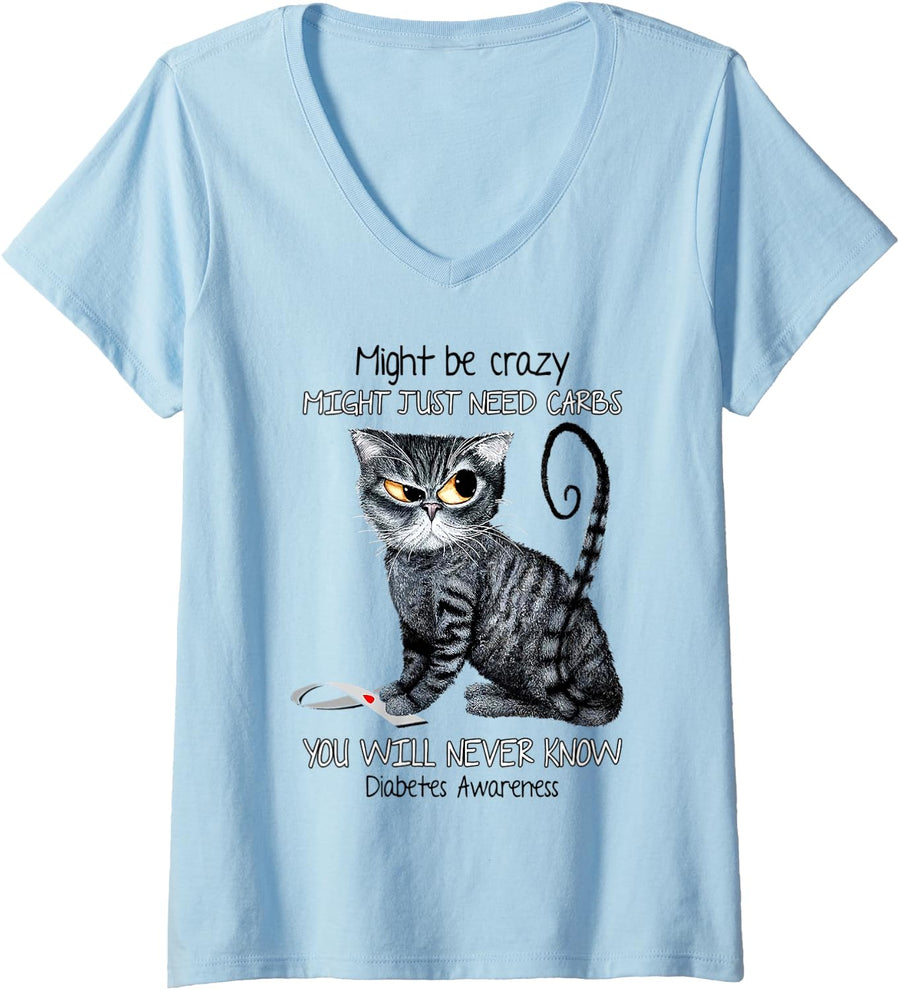 Womens Might be crazy cat shirt V-Neck T-Shirt - Baby Blue