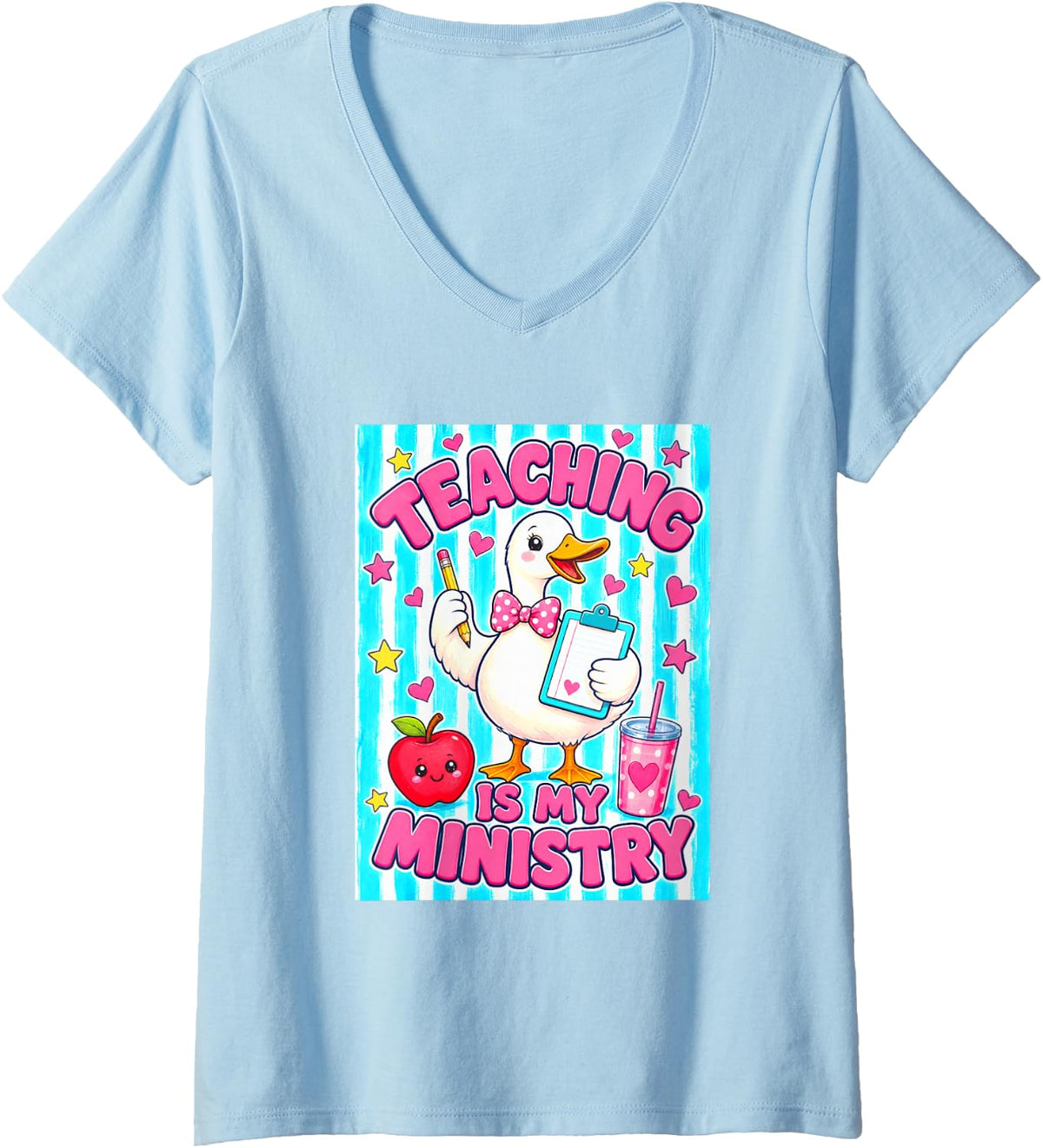 Women's Teacher Teaching is My Ministry Cute Goose V-Neck T-Shirt - Baby Blue