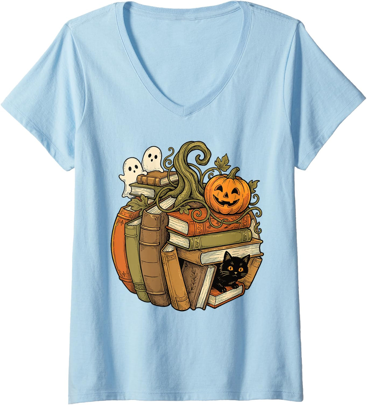 Women's Pumpkin Books Reading Ghosts Cat Halloween Teacher Librarian V-Neck T-Shirt - Baby Blue