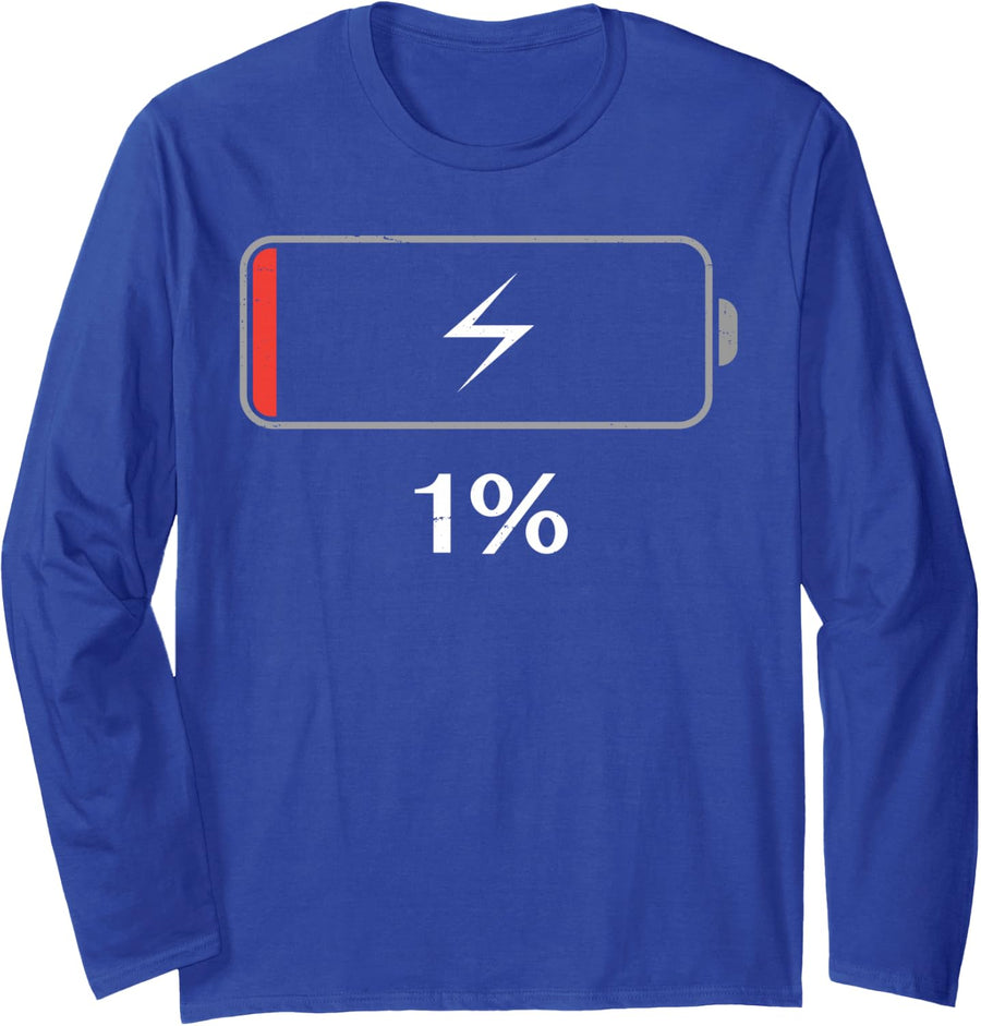 Funny Battery Low 1 Percent Remaining Coffee Lover Long Sleeve T-Shirt - Adult Unisex Royal Blue