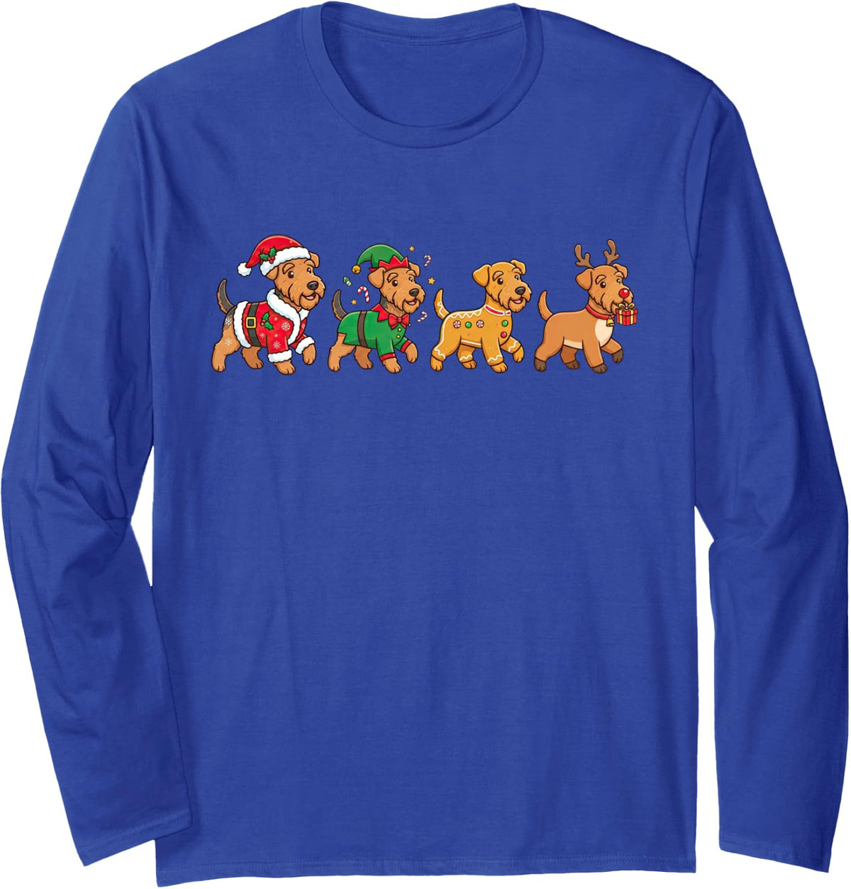 Funny Christmas Airedale Terrier Santa Elf Womens Mens Kids Long Sleeve T-Shirt - Adult Unisex Royal Blue