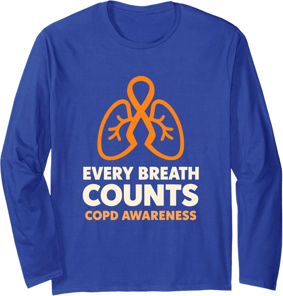 Every Breath Counts COPD Awareness Orange Ribbon Lungs Long Sleeve T-Shirt - Adult Unisex Royal Blue