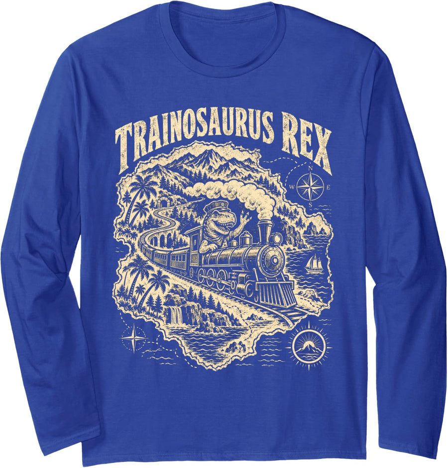 Trainosaurus Rex Dinosaur Train Vintage Map Adventure Long Sleeve T-Shirt - Adult Unisex Royal Blue