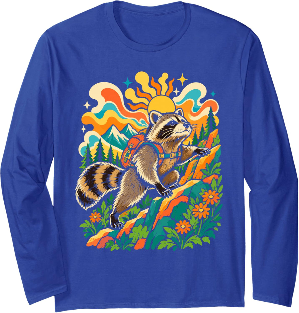 Raccoon Hiker Uphill Hiking Hikers Long Sleeve T-Shirt - Adult Unisex Royal Blue