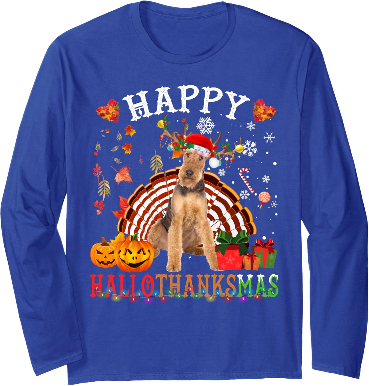Halloween Thanksgiving Merry Christmas Airedale Terrier Long Sleeve T-Shirt - Adult Unisex Royal Blue
