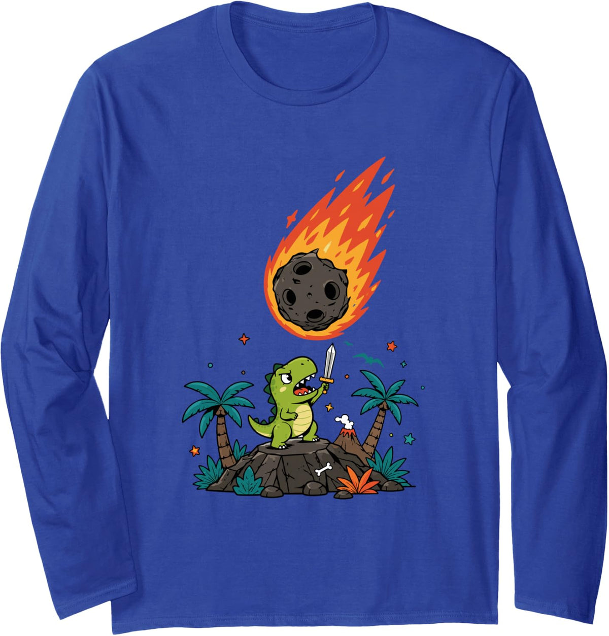 Dinosaur Watching Asteroid Meteor Trex Long Sleeve T-Shirt - Adult Unisex Royal Blue