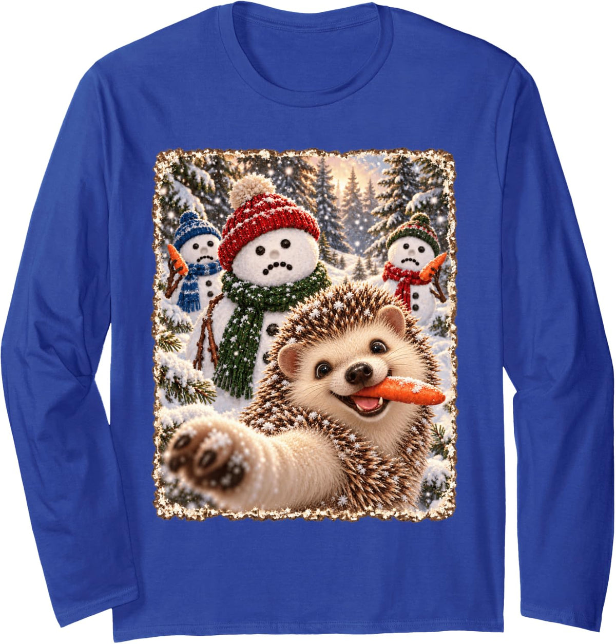 Funny Hedgehog Cheerful Christmas Snowman Selfie Long Sleeve T-Shirt - Adult Unisex Royal Blue