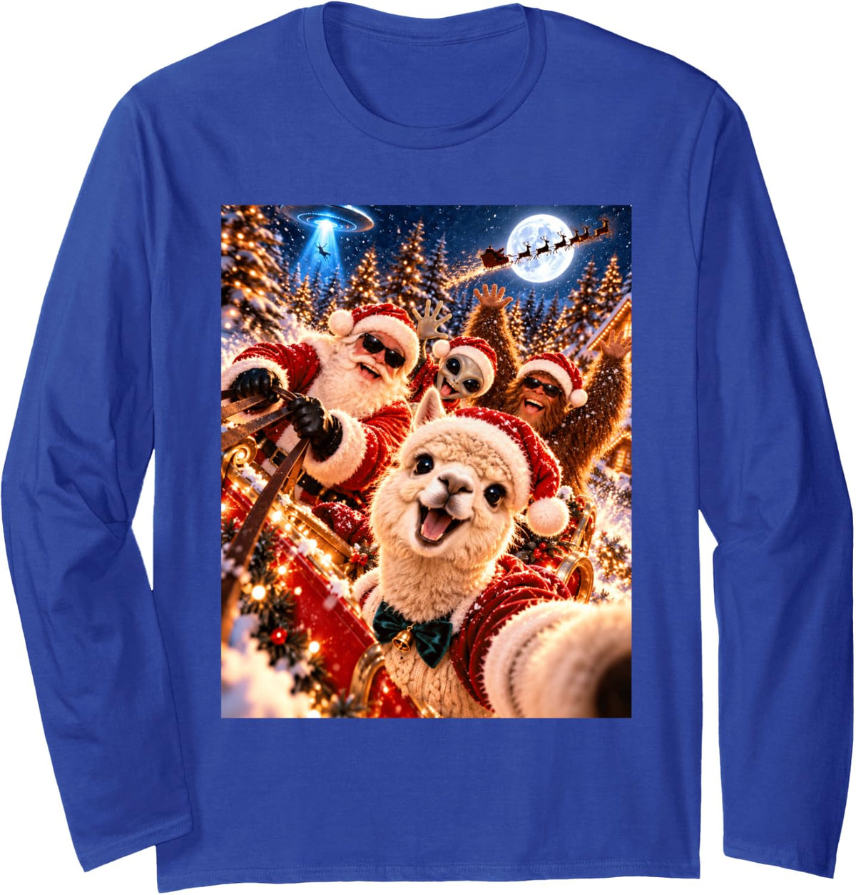 Playful Alpaca Santa Christmas Selfie UFO Graphic Long Sleeve T-Shirt - Adult Unisex Royal Blue