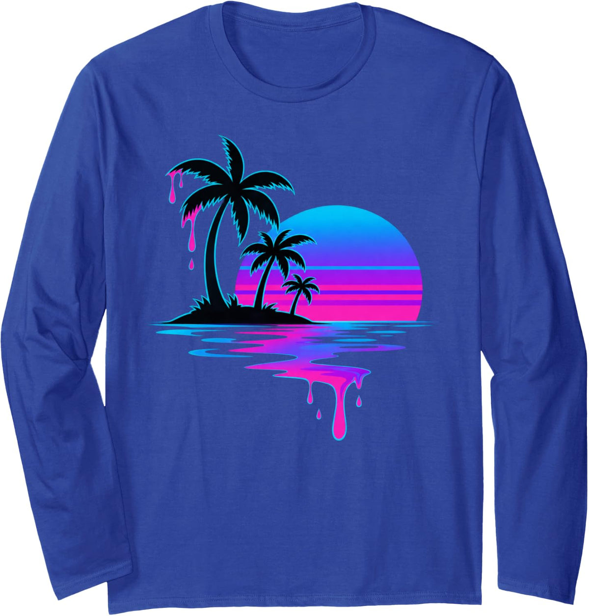 Retro Synthwave Palm Trees Island Sunset Long Sleeve T-Shirt - Adult Unisex Royal Blue