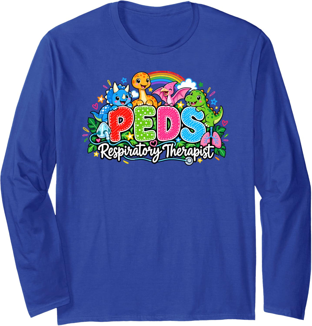 PEDS Pediatric Respiratory Therapist Dino Medical Profession Long Sleeve T-Shirt - Adult Unisex Royal Blue