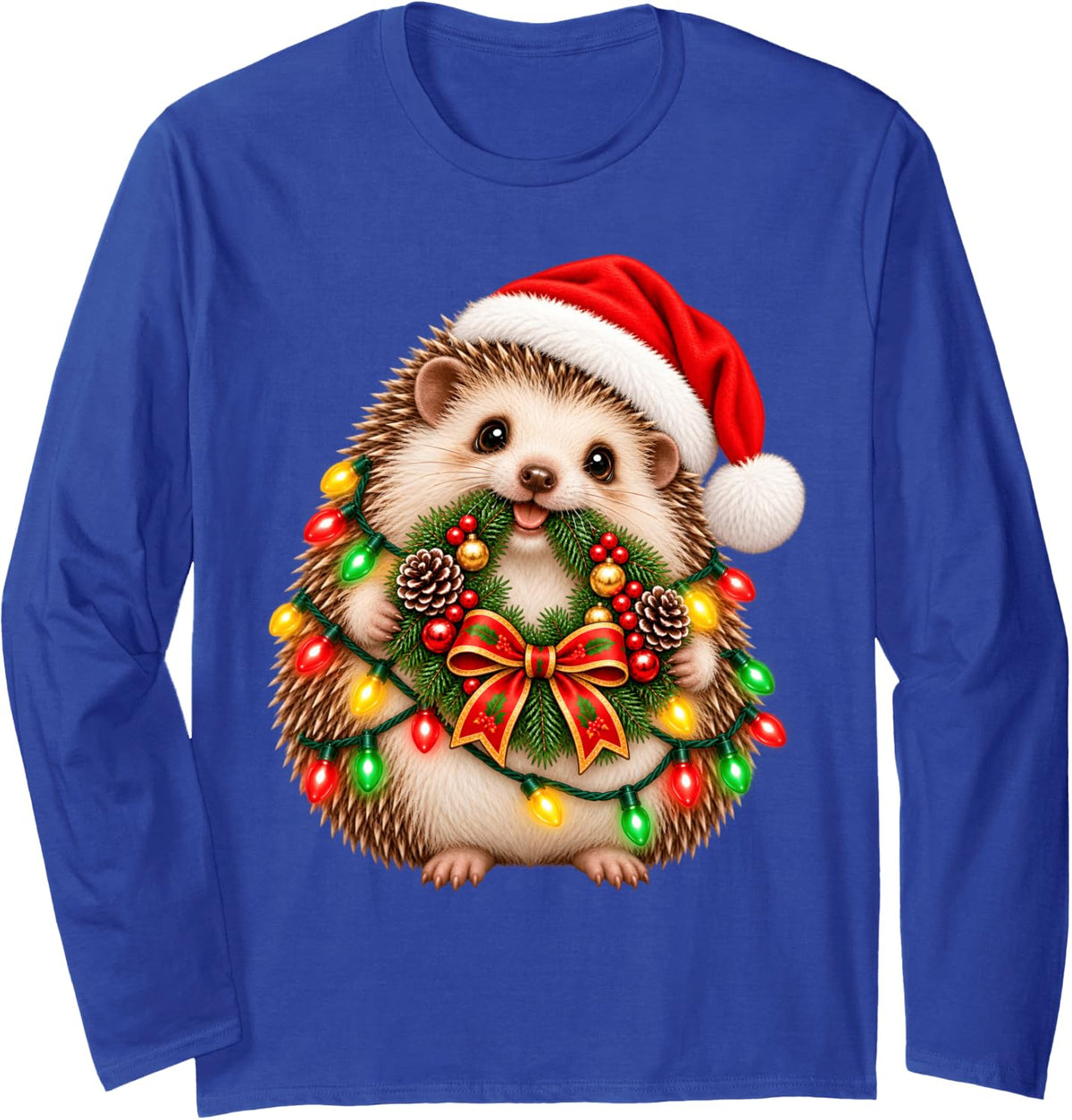 Funny Hedgehog Christmas Wreath Decoration Xmas Pajamas Long Sleeve T-Shirt - Adult Unisex Royal Blue