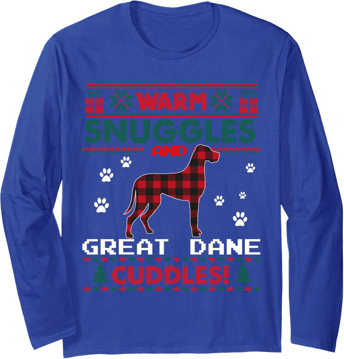 Great Dane Dog Red Buffalo Plaid Gift Ugly Christmas Sweater Long Sleeve T-Shirt - Adult Unisex Royal Blue