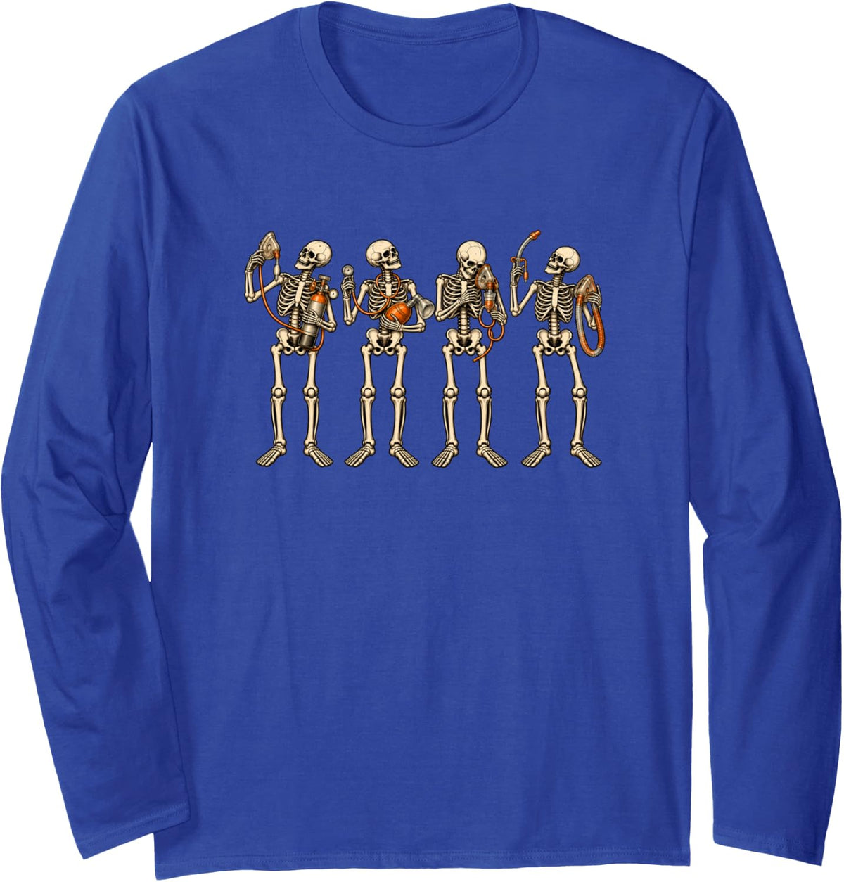 Halloween Respiratory Therapist Skeleton RT Care Nurse Long Sleeve T-Shirt - Adult Unisex Royal Blue