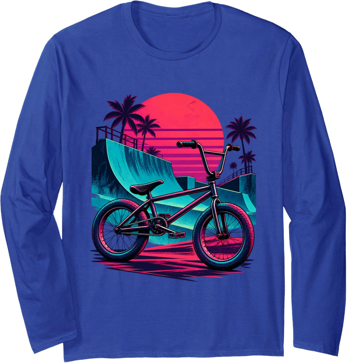 Retrowave BMX Freestyle Bicycle Tropical Skatepark Rider Long Sleeve T-Shirt - Adult Unisex Royal Blue
