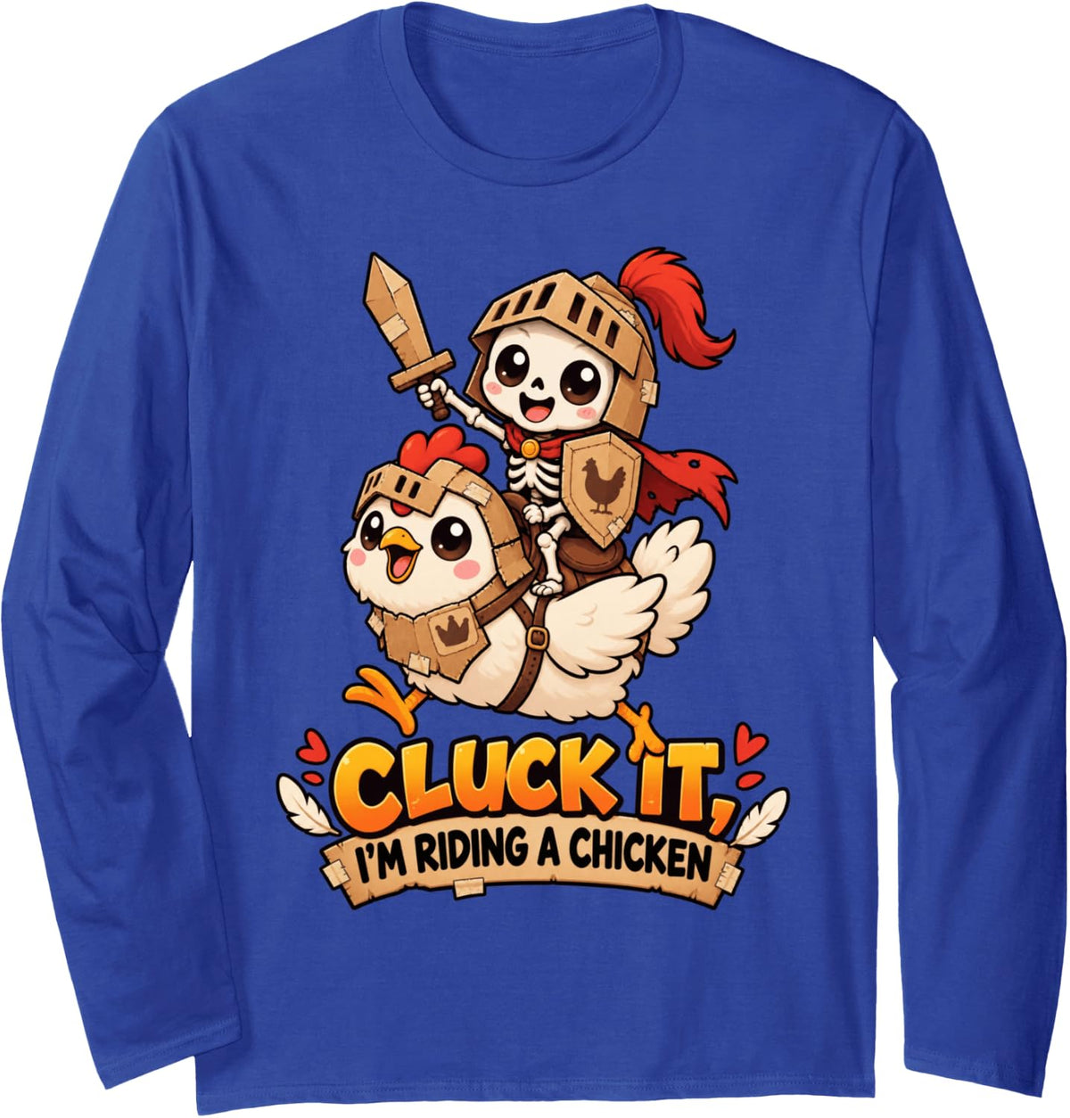 Cluck It, I'm Riding A Chicken Halloween Skeleton Chicken Long Sleeve T-Shirt - Adult Unisex Royal Blue