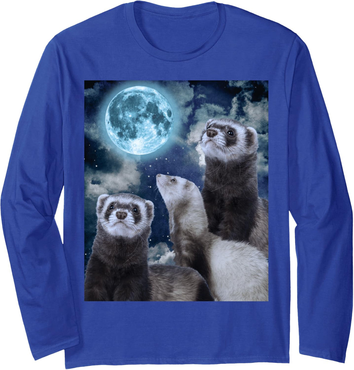Cute Funny 3 Ferret Howling at the Moon Graphic Design Tees Long Sleeve T-Shirt - Adult Unisex Royal Blue