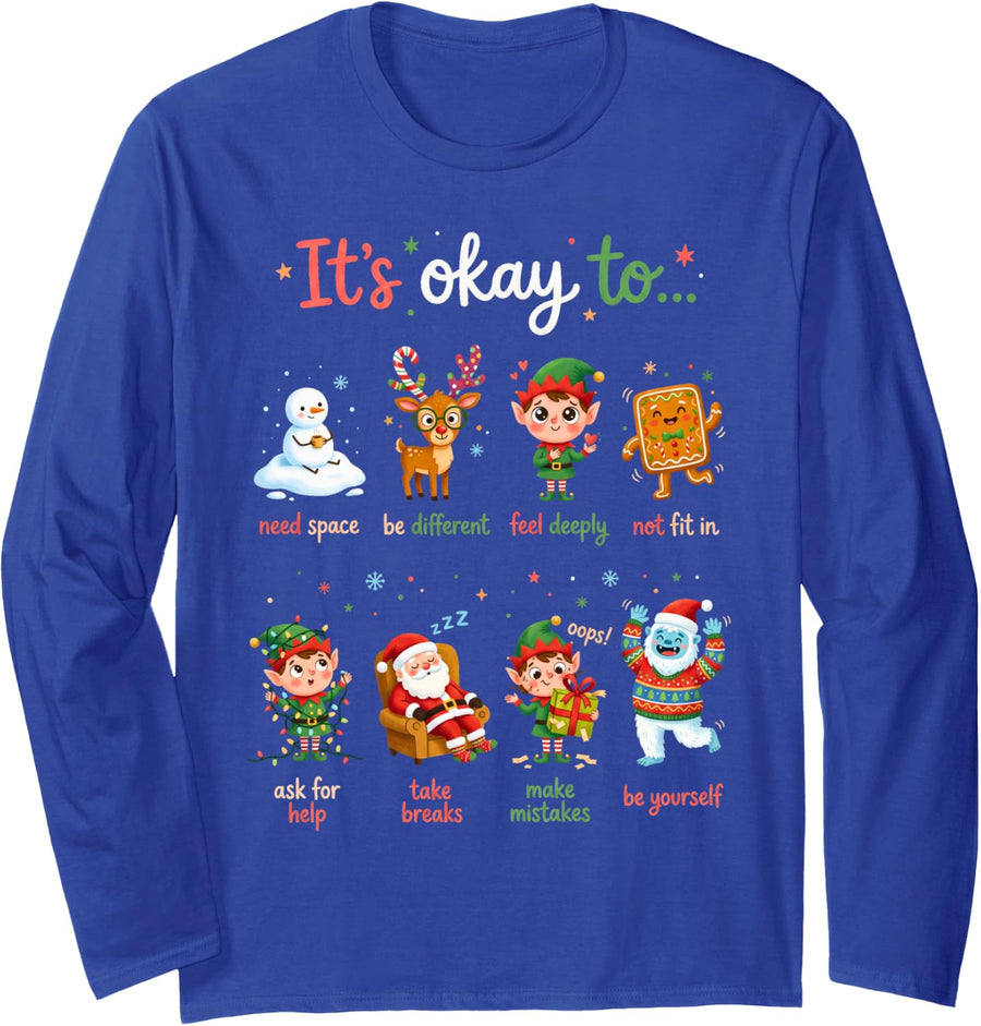 Its Ok to Be Different Autism Teacher Christmas Long Sleeve T-Shirt - Adult Unisex Royal Blue