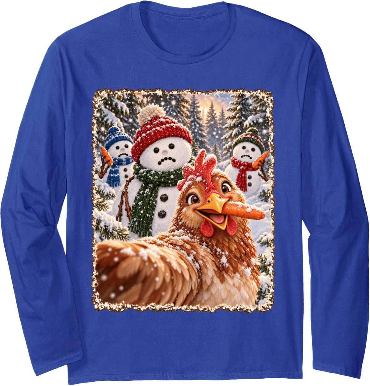 Funny Chicken Joyful Christmas Snowman Selfie Long Sleeve T-Shirt - Adult Unisex Royal Blue