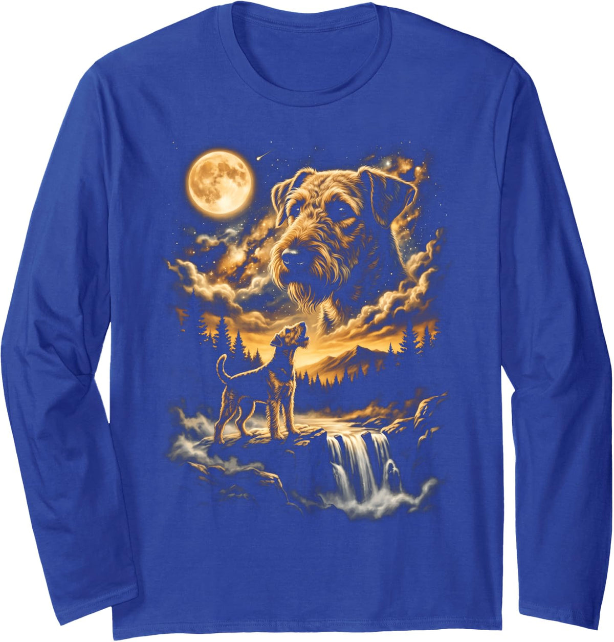 Airedale Terrier Howling to The Moon Long Sleeve T-Shirt - Adult Unisex Royal Blue
