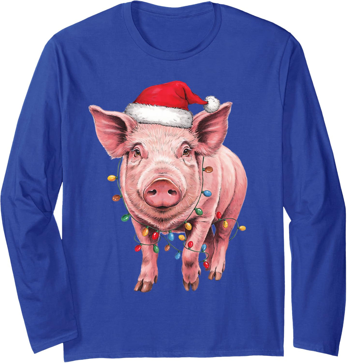 Funny Pig Christmas Lights Santa Hat Animal Lover Mom Dad Long Sleeve T-Shirt - Adult Unisex Royal Blue