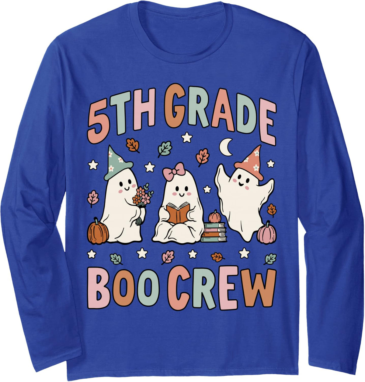 5th Grade Boo Crew Halloween Teacher Kid Groovy Floral Ghost Long Sleeve T-Shirt - Adult Unisex Royal Blue