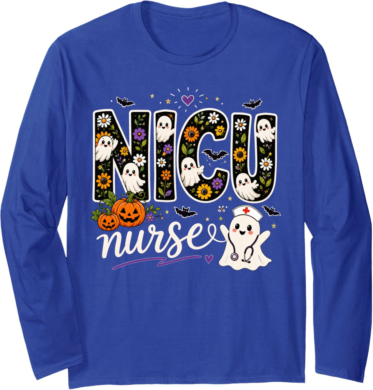 NICU Nurse Halloween Ghost Floral Spooky Pumpkin Neonatal Long Sleeve T-Shirt - Adult Unisex Royal Blue