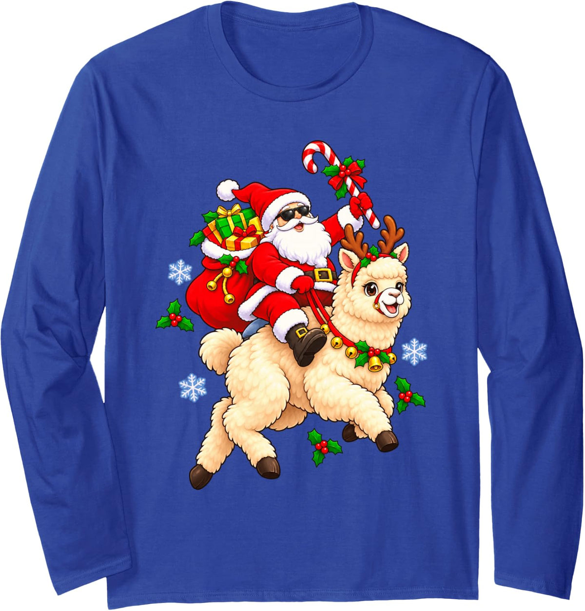 Christmas Santa Cheerful Alpaca Holiday Cartoon Illustration Long Sleeve T-Shirt - Adult Unisex Royal Blue