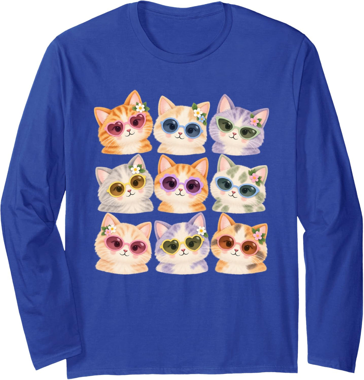Soft Storybook Cat Lover Summer Vibes Tee Cats in Sunglasses Long Sleeve T-Shirt - Adult Unisex Royal Blue
