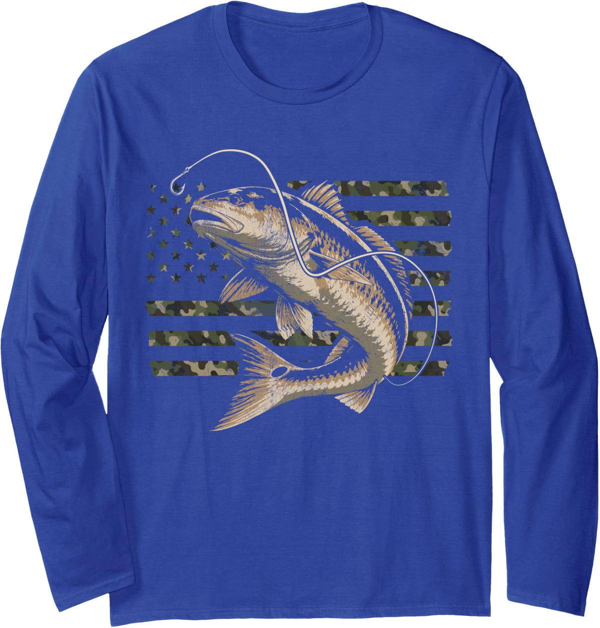 Texas Redfish Fishing Distressed Camo Flag Long Sleeve T-Shirt - Adult Unisex Royal Blue