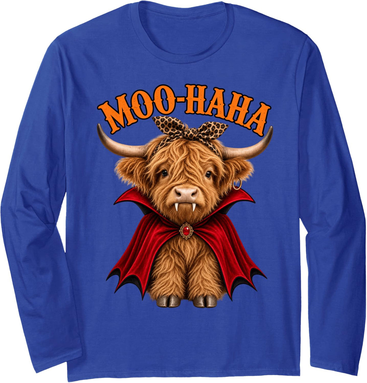 Moo Haha Highland Cow Vampire Funny Halloween Couple Woman Long Sleeve T-Shirt - Adult Unisex Royal Blue
