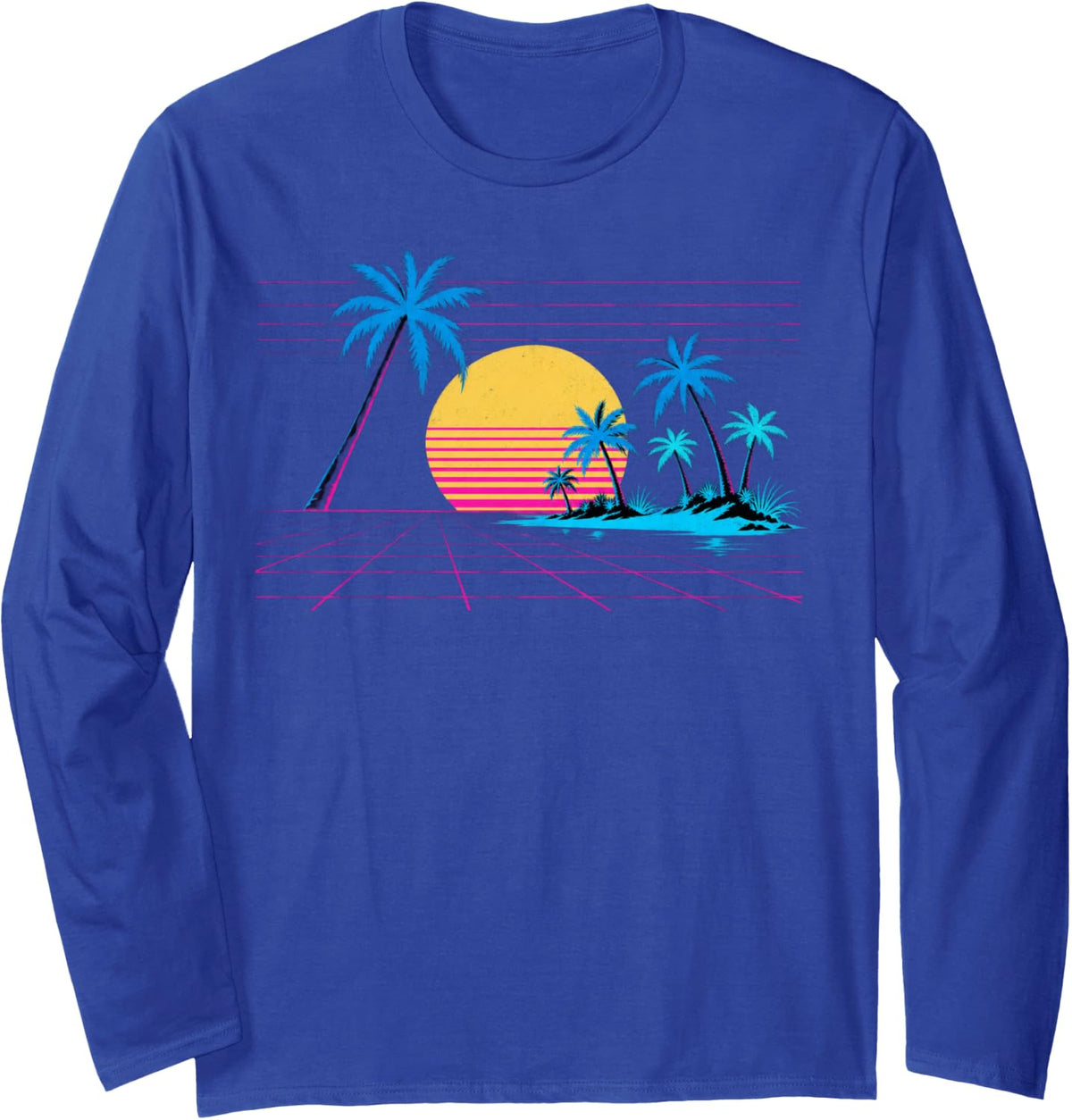 Retro Synthwave Sunset Palm Grid 80s Vaporwave Art Long Sleeve T-Shirt - Adult Unisex Royal Blue