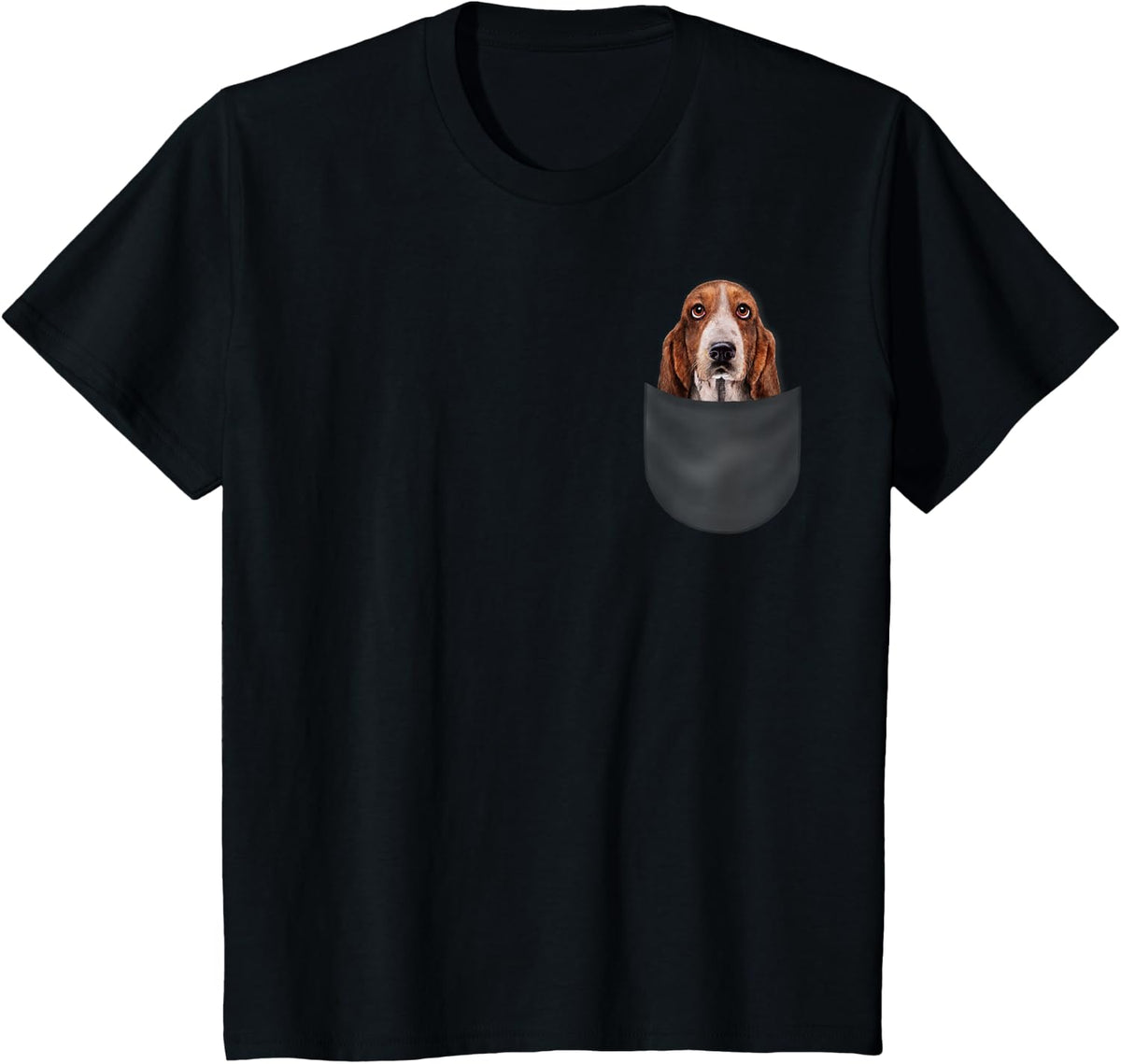 T-Shirt, Basset Hound Gazing Out from Pocket, Dog - Black