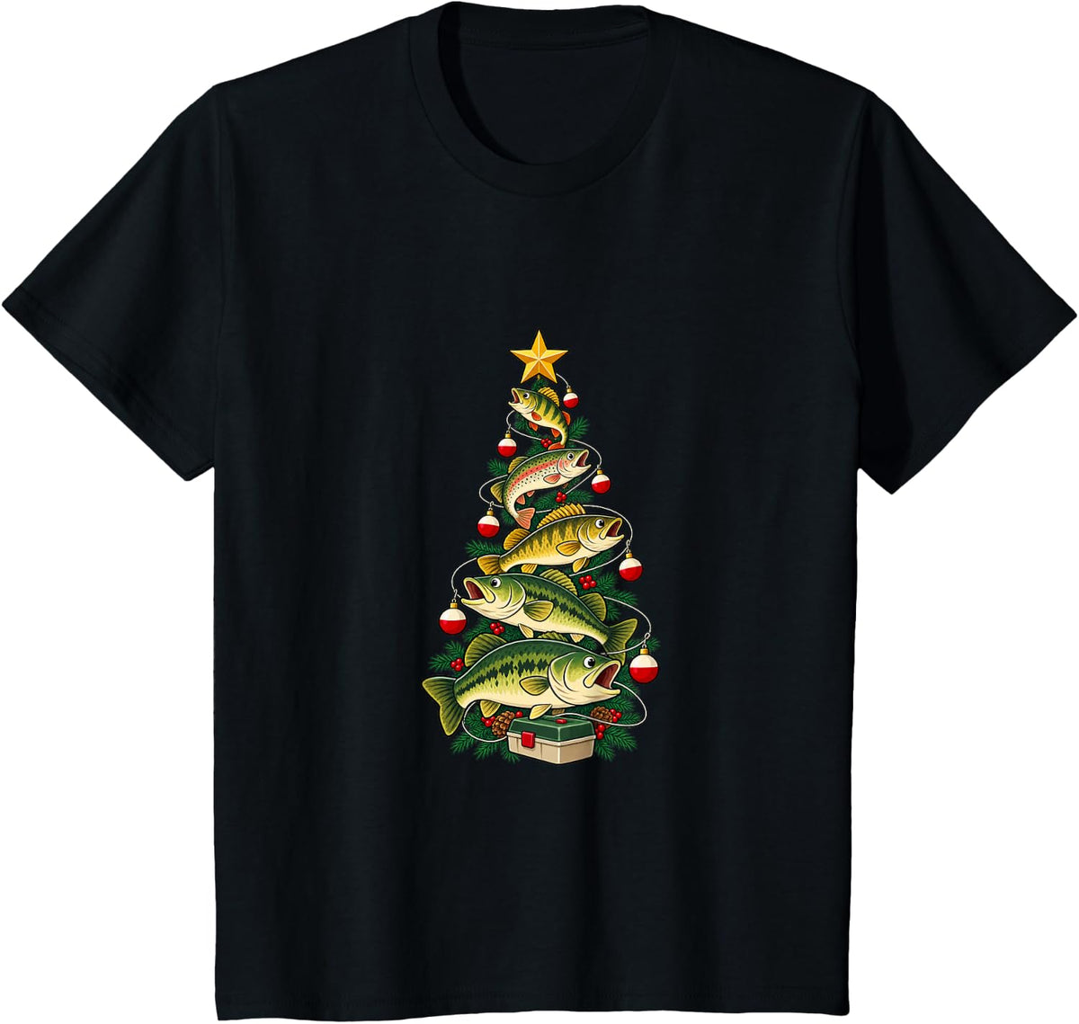 Bass Fishing Christmas Tree for Anglers and Fishing Friends T-Shirt - Black
