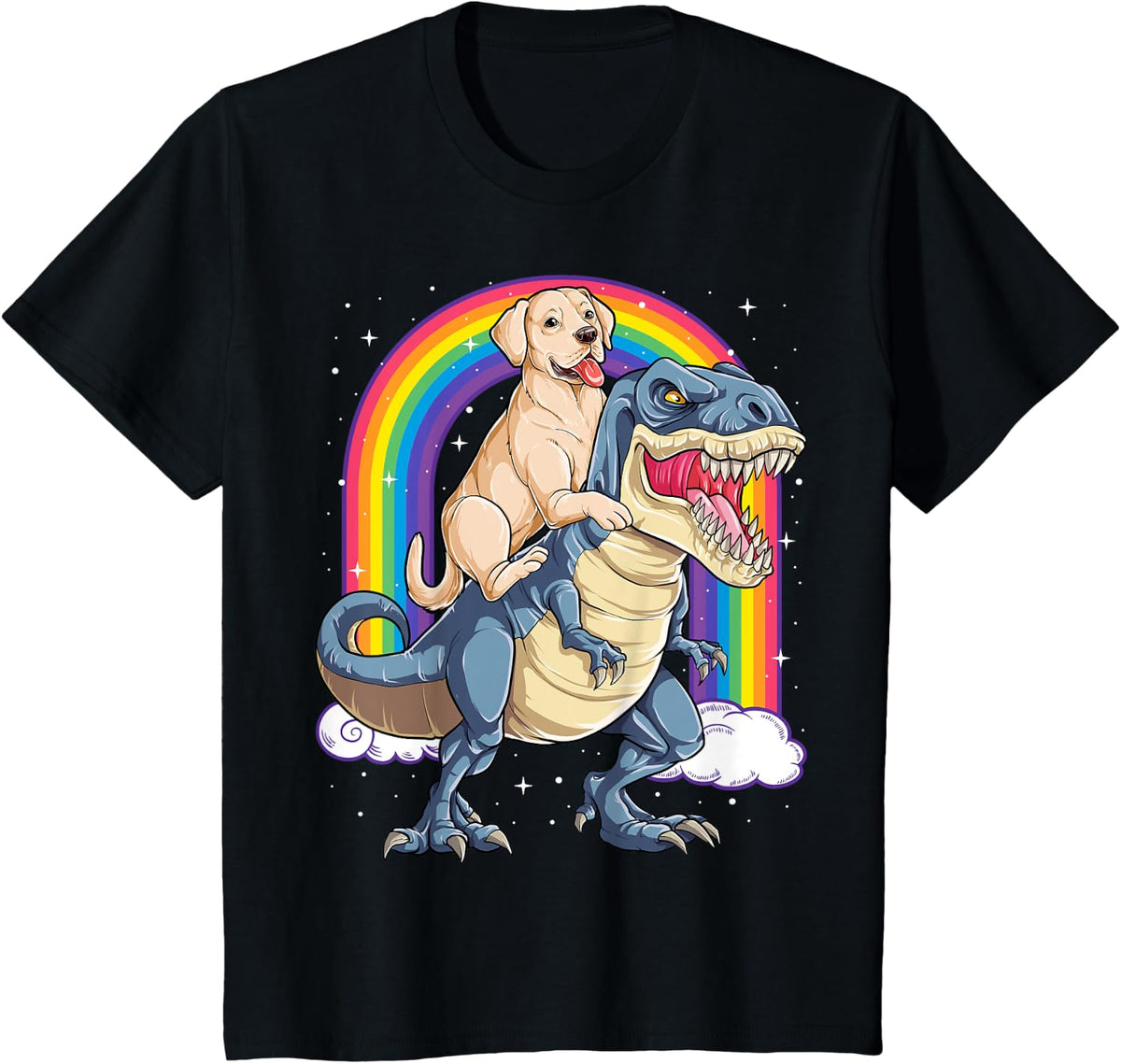 Labrador Riding Dinosaur T-rex Gifts Boys Kids Men Rainbow T-Shirt - Black
