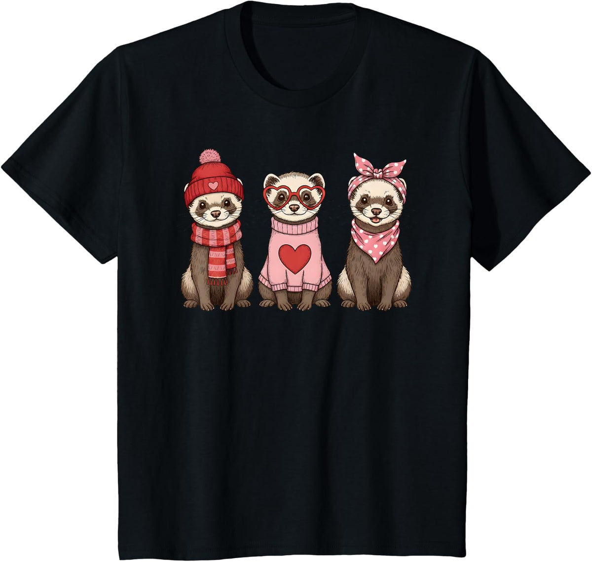 Retro Ferret Cute Valentine T-Shirt - Black