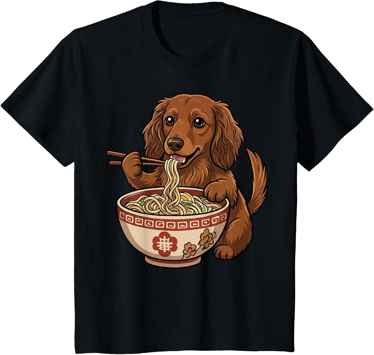 Dachshund Eating Ramen Dog Trainer Long Haired Dachshund T-Shirt - Black