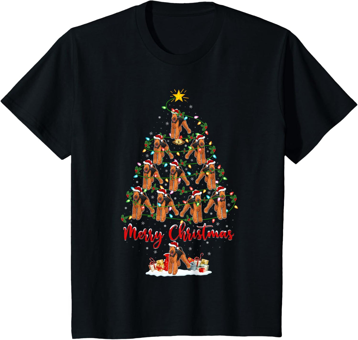 Xmas Lighting Santa Airedale Terrier Dog Christmas Tree T-Shirt - Black