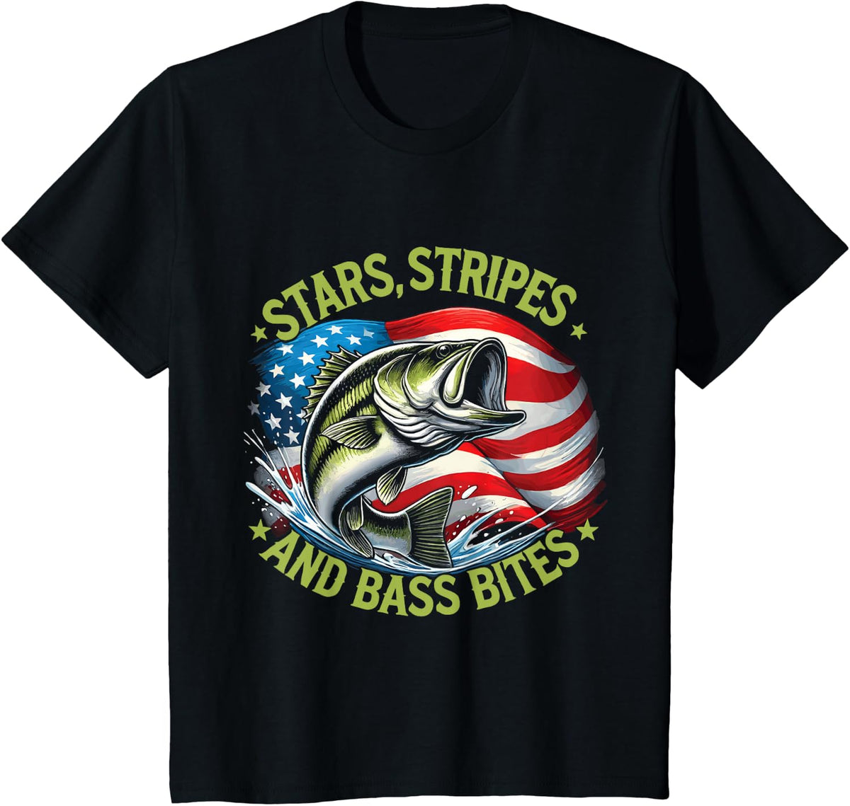 American Flag Bass Fishing Stars Stripes And Bass Bites T-Shirt - Black