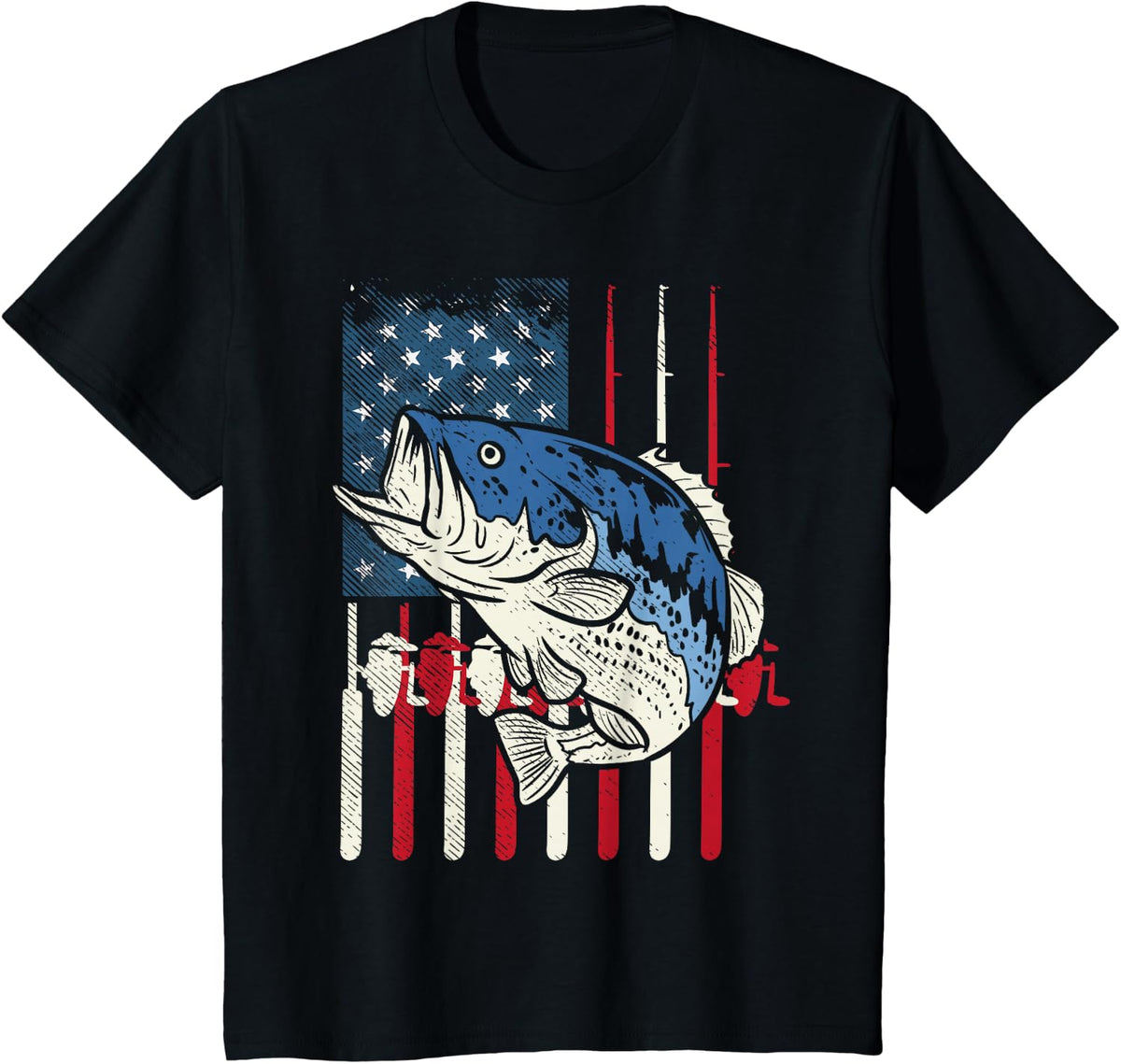 Bass Fish US American Flag Patriotic Fishing Fisherman Gift T-Shirt - Black
