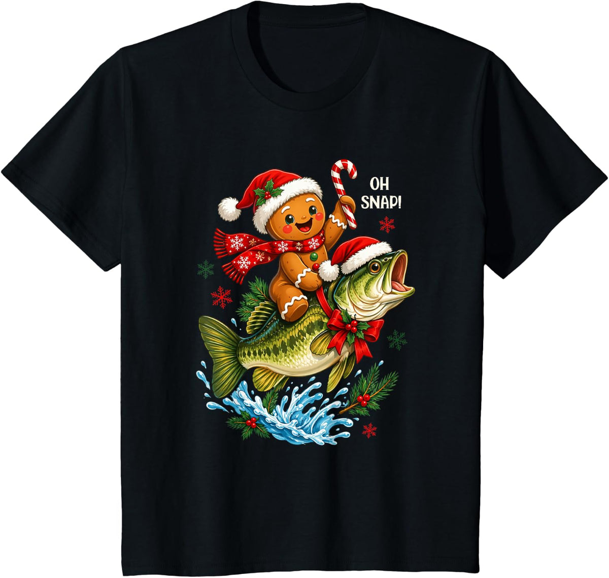 Gingerbread Riding Bass Fish Christmas Fishing Xmas T-Shirt - Black