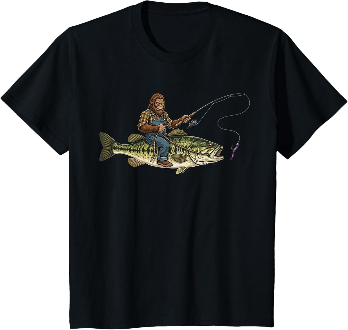 Largemouth Bass Fishing Bigfoot Riding Fisherman Funny T-Shirt - Black